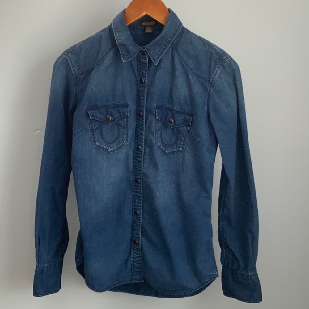 True Religion Women’s Dark Wash Snap Button Denim  Shirt Size …